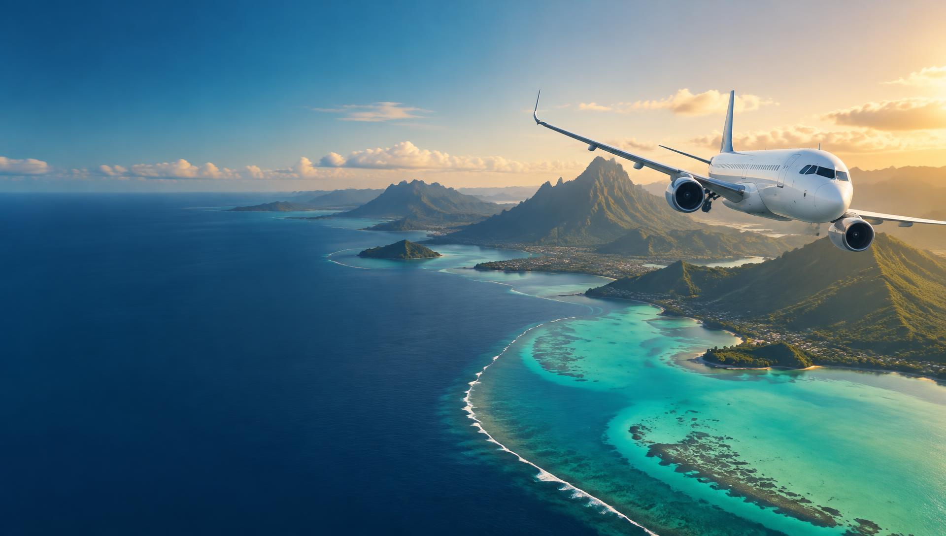 Avion survolant un lagon tropical et une île montagneuse